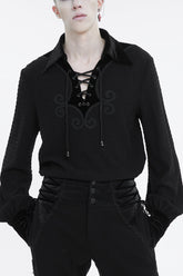 Chemise gothique pour homme noire brodée avec poitrine, manches bouffantes à cordon et bretelles